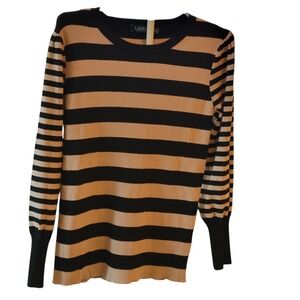 Lauren Ralph Lauren Striped Ribbed Sweater Tan Black 1X Long Sleeve Crew Neck